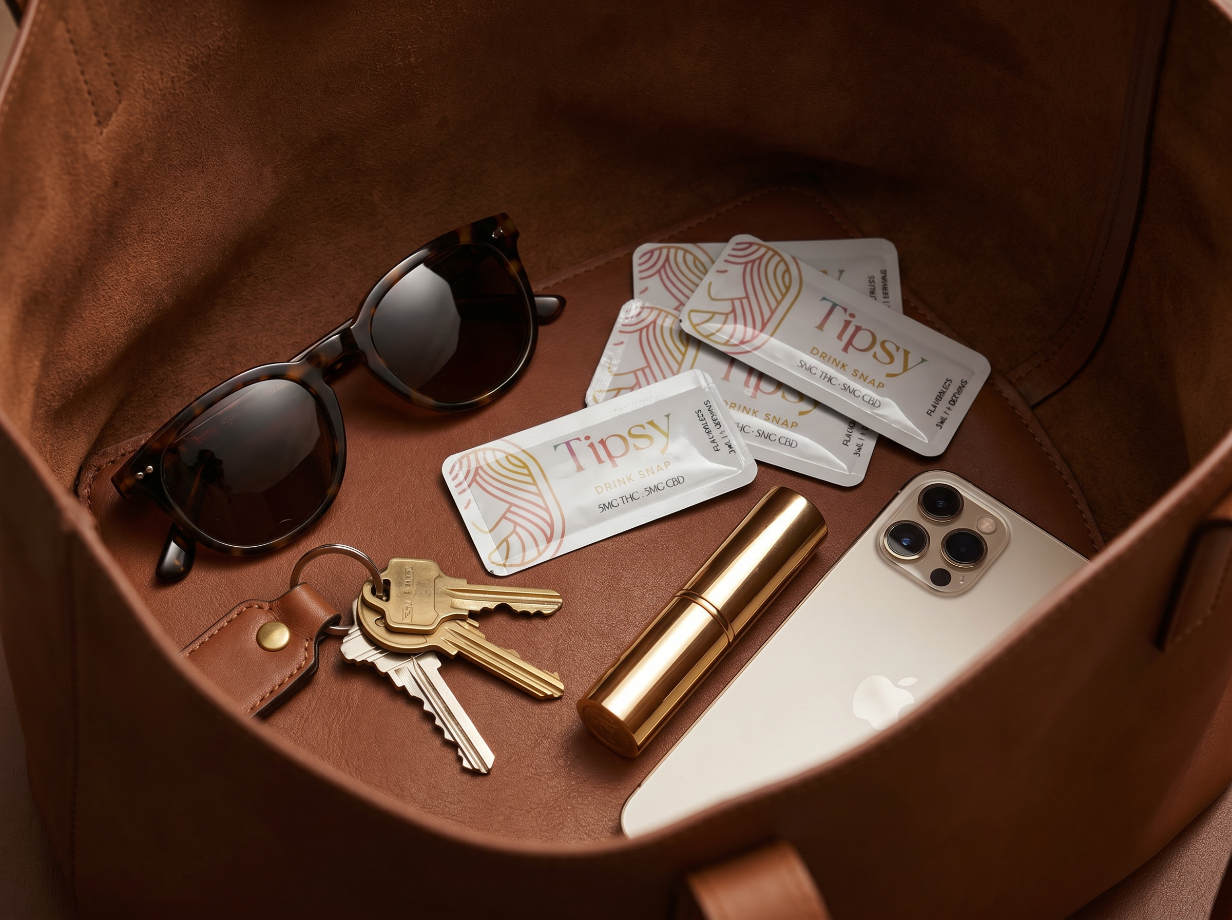 A brown leather tote bag interior styled with sunglasses, keys, a gold tube, a white smartphone, and several Tipsy Drink Snaps.